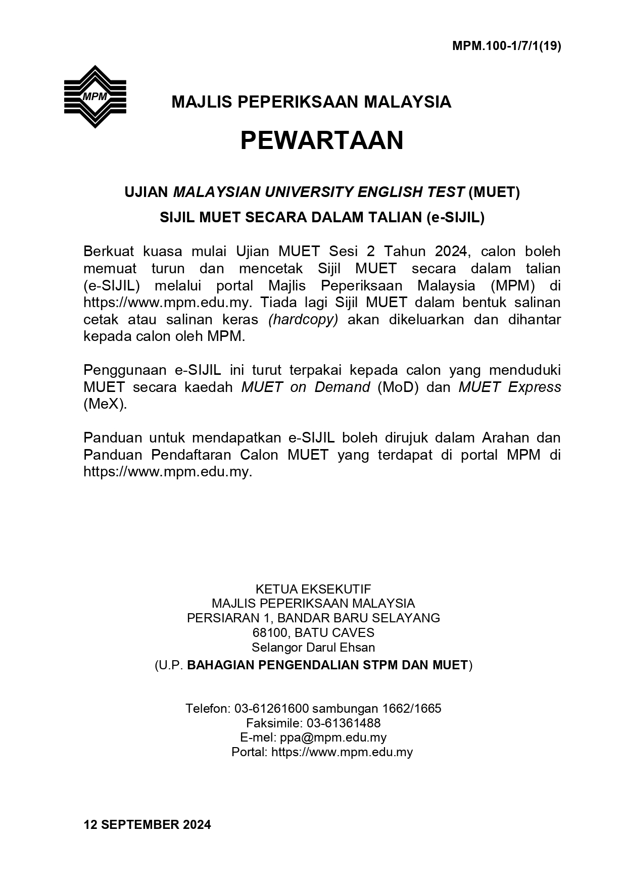 Pewartaan Sijil MUET Secara Dalam Talian (e-Sijil)