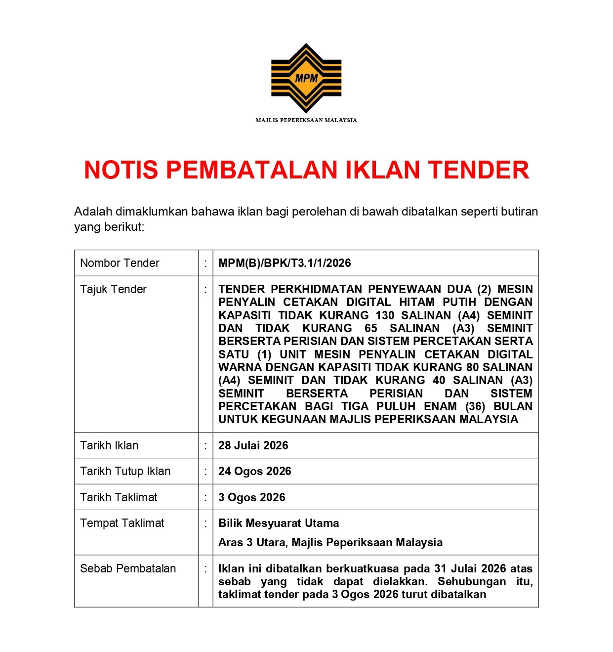 Notis Pembatalan Iklan Tender